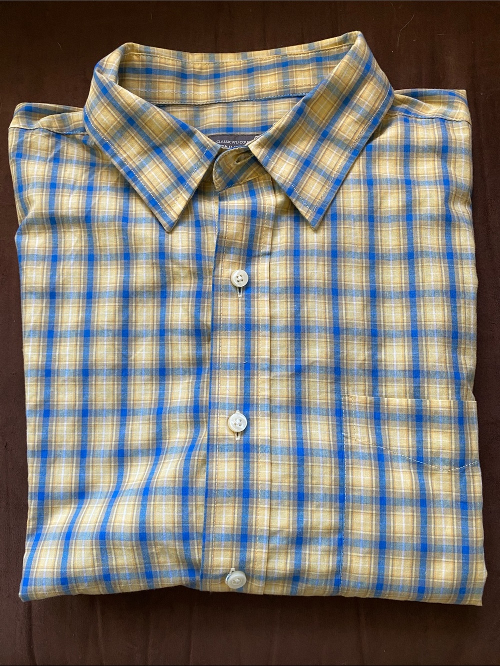 Denver Hayes Blue and Yellow Plaid Casual Button-Down Half Arm Shirt